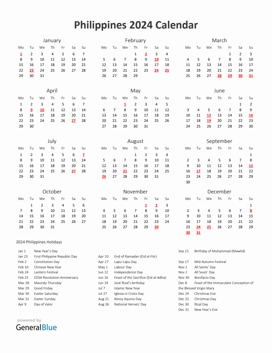 2024 Yearly Calendar Printable With Philippines Holidays | Calendar 2024 Philippines Printable