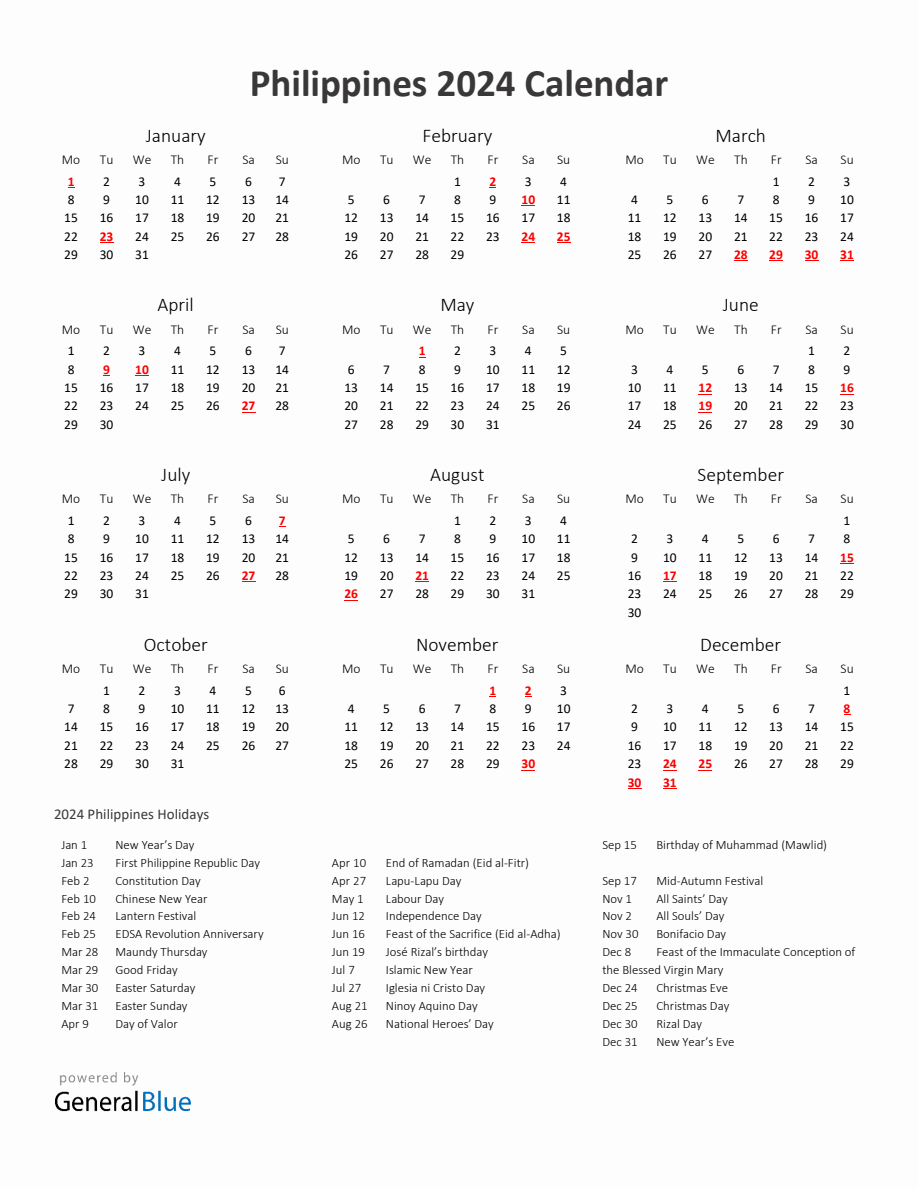 2024 Yearly Calendar Printable With Philippines Holidays | Printable Calendar 2024 With Holidays Philippines