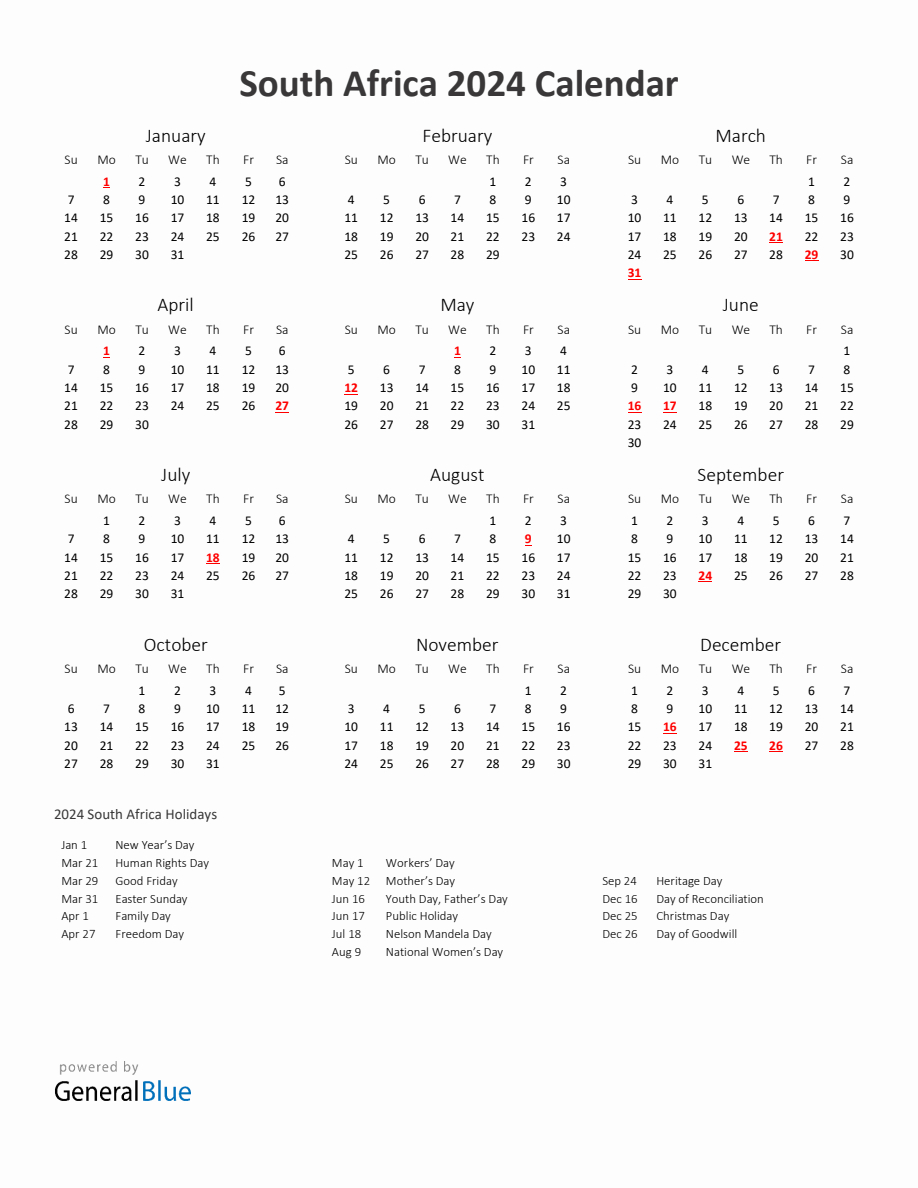 2024 Yearly Calendar Printable With South Africa Holidays | Calendar 2024 Printable South Africa