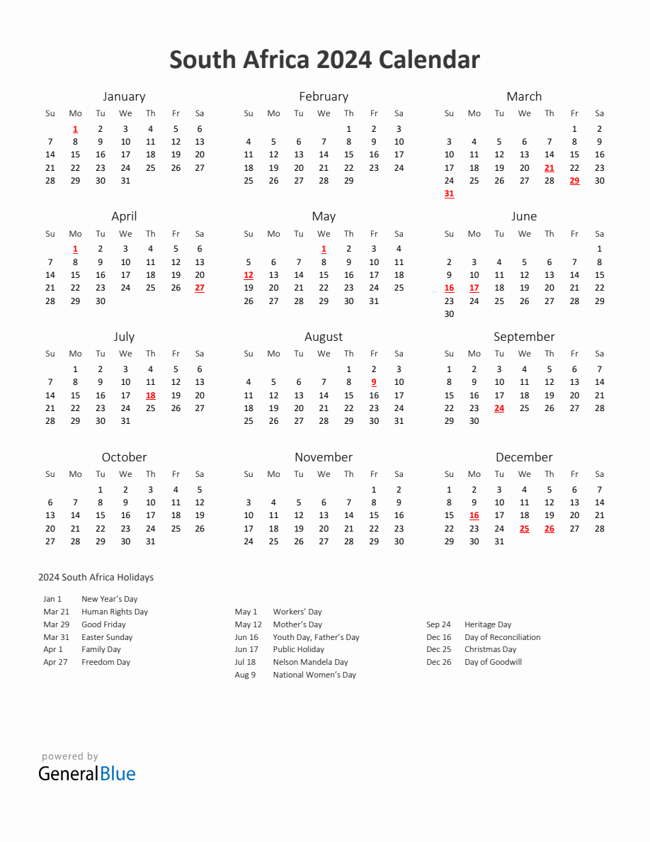 2024 Yearly Calendar Printable With South Africa Holidays | Printable Calendar 2024 South Africa Free Download