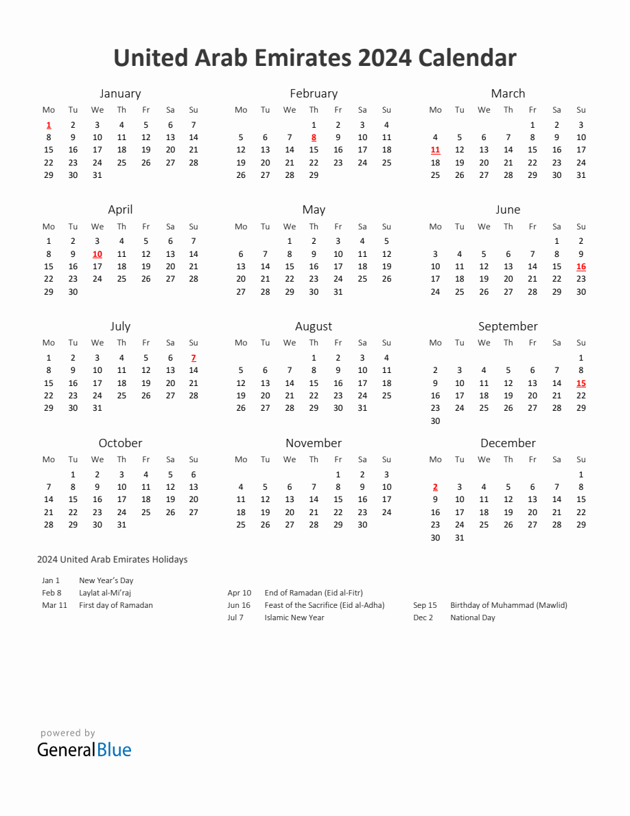 Printable Calendar 2024 UAE Printable Calendar 2024