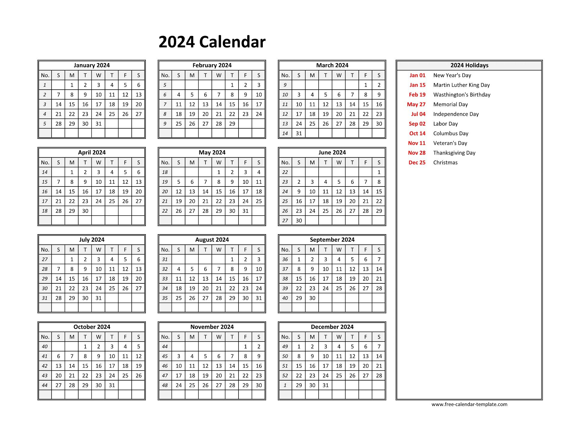 2024 Yearly Calendar Printable With Week Numbers | Free-Calendar | 2024 Calendar Download Printable