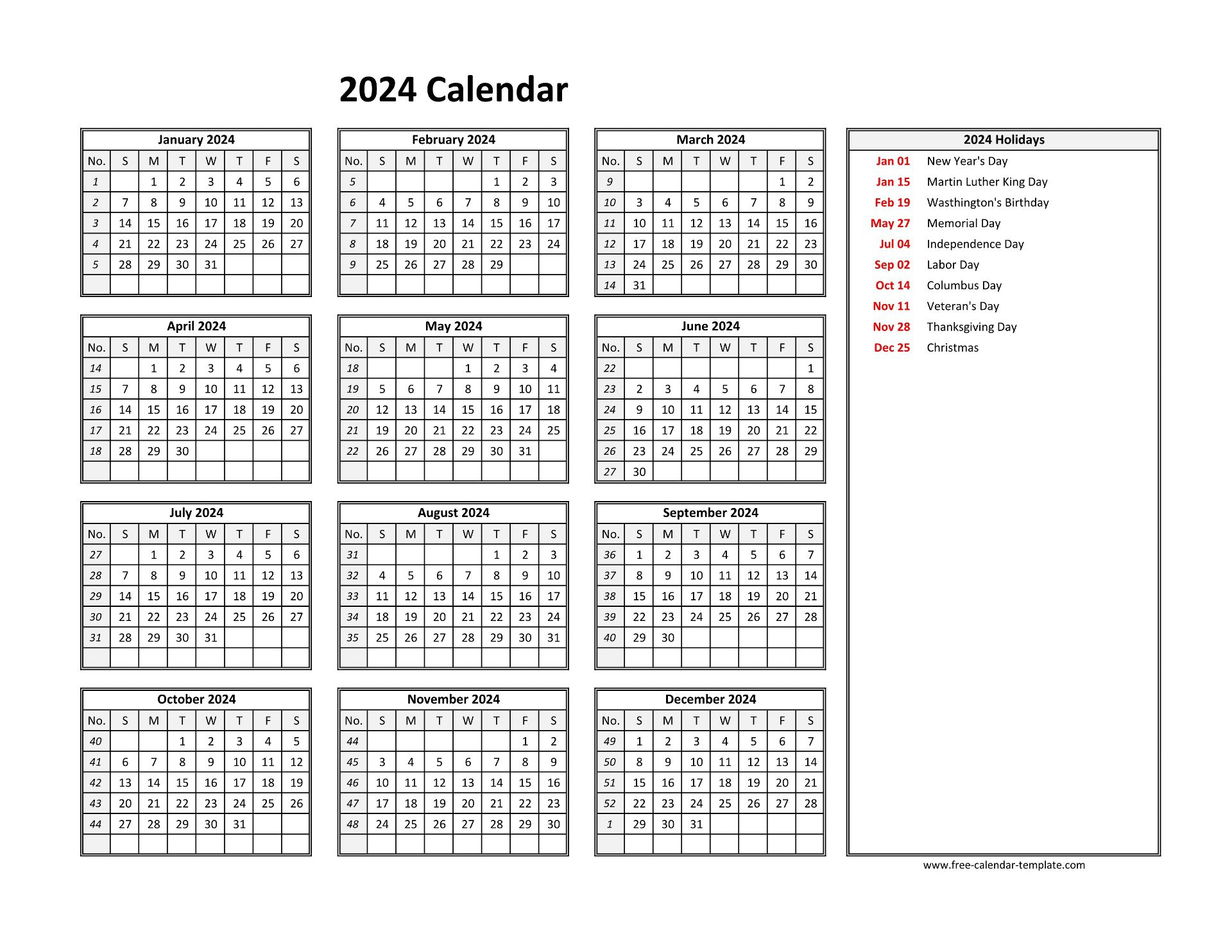 2024 Yearly Calendar Printable With Week Numbers | Free-Calendar | Free Blank Printable 2024 Calendars Of All Months