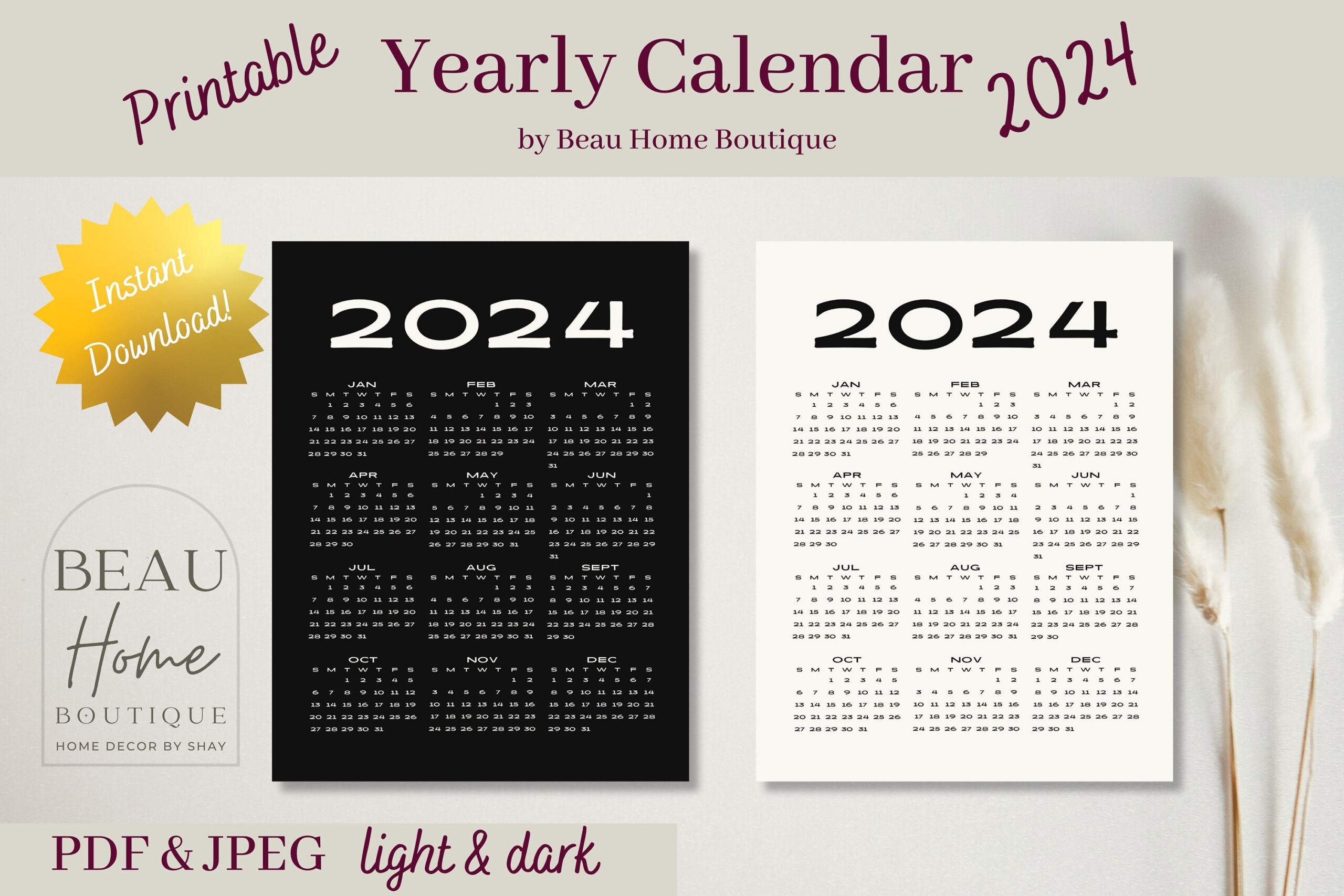 2024 Yearly Calendar Year At A Glance Calendar 2024 Wall - Etsy | Printable Calendar 4U 2024