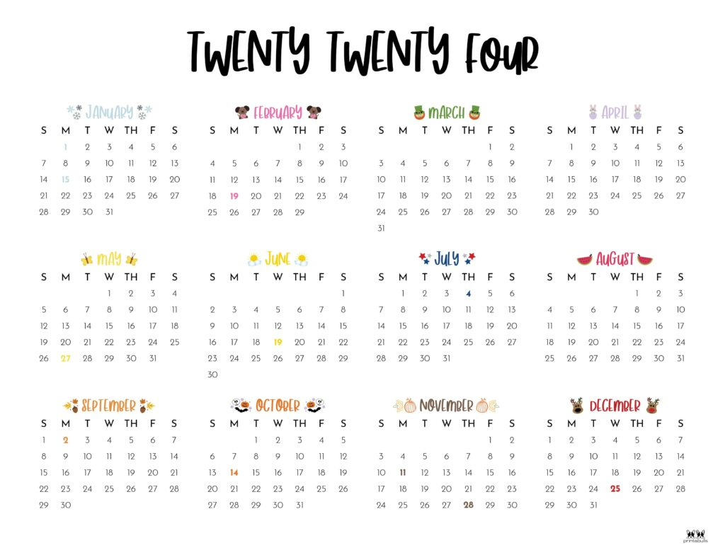 2024 Yearly Calendars - 29 Free Printables | Printabulls | 12 Month Printable Calendar 2024