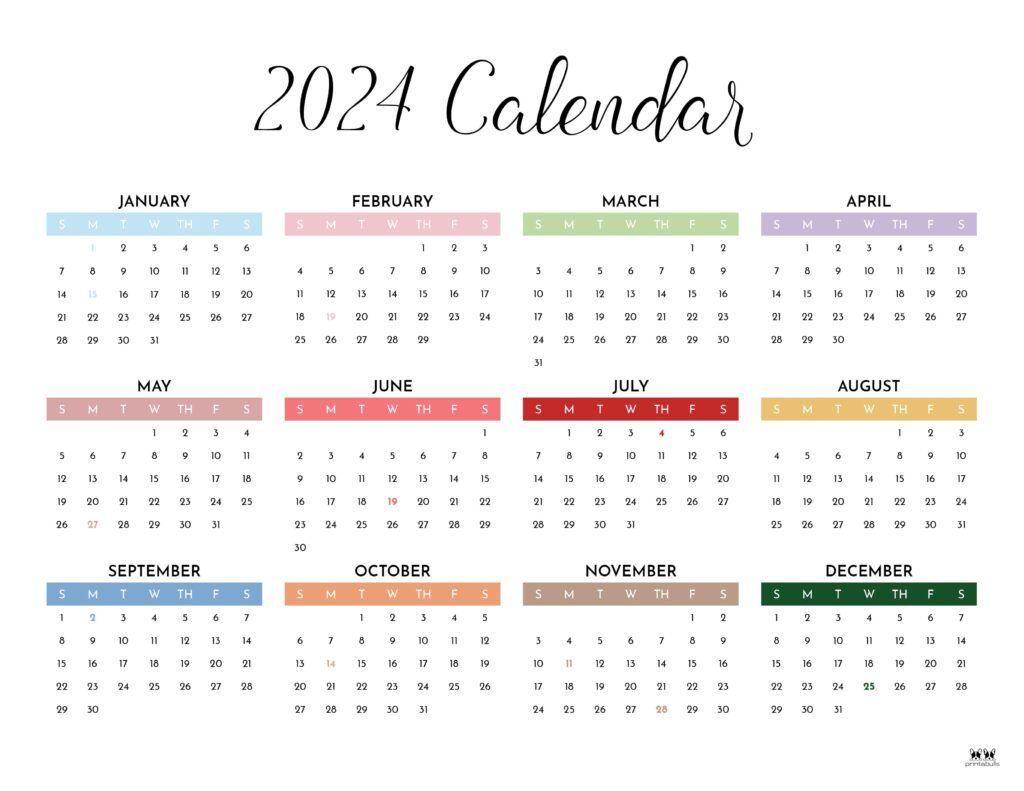2024 Yearly Calendars - 29 Free Printables | Printabulls | 2024 Year Printable Calendar