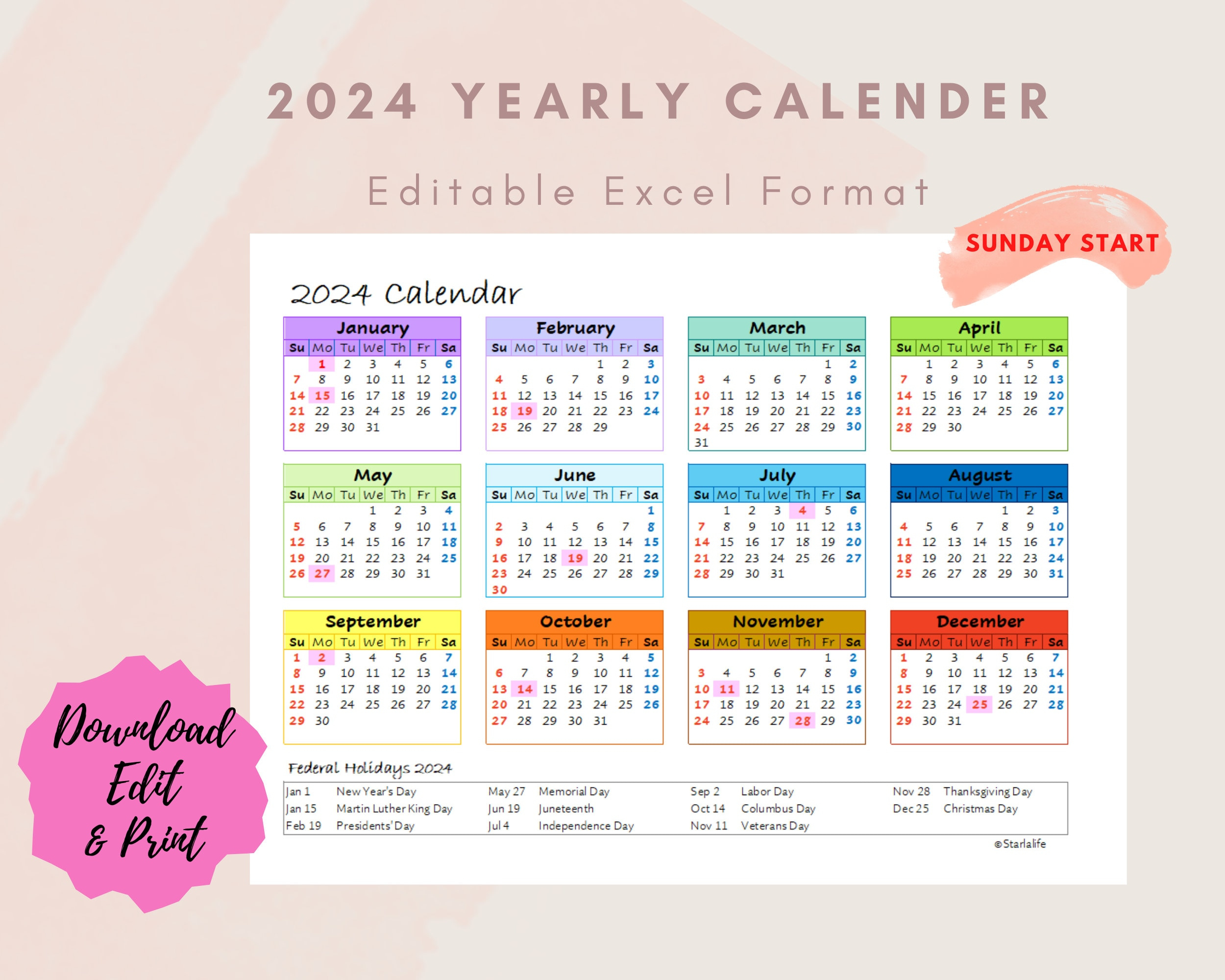 2024 Yearly One Page Excel Calendar - Etsy | 2024 Printable Calendar In Excel