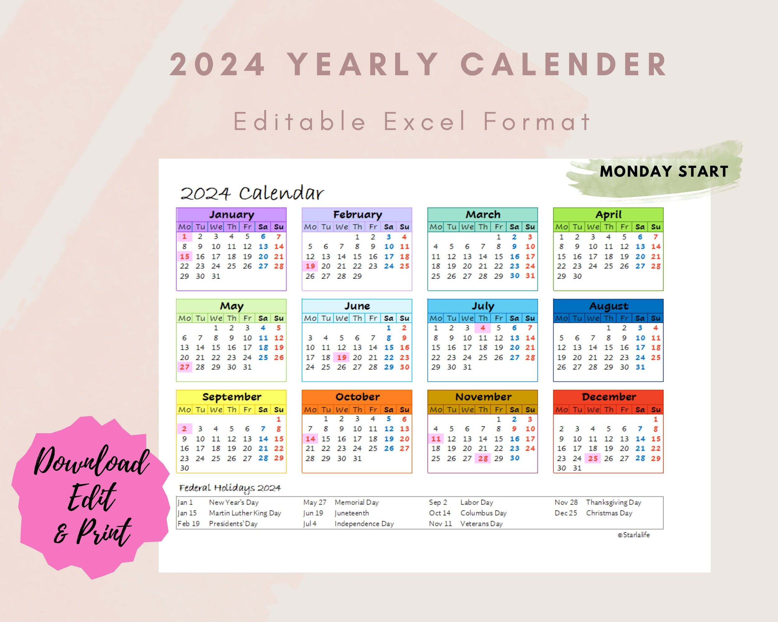 2024 Yearly One Page Excel Calendar - Etsy | 2024 Yearly Calendar Printable One Page Excel