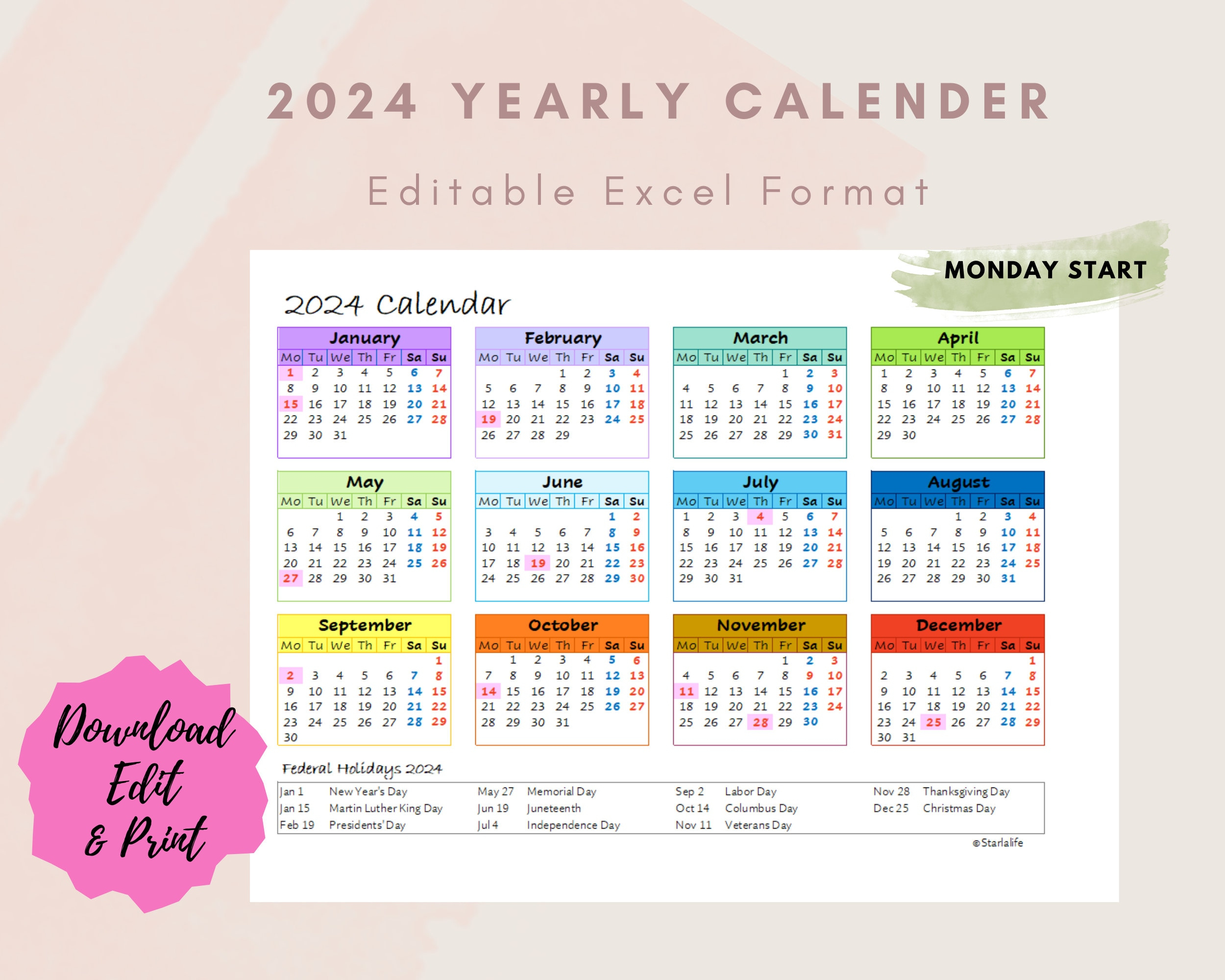 2024 Yearly One Page Excel Calendar - Etsy | 2024 Yearly Calendar Template Excel
