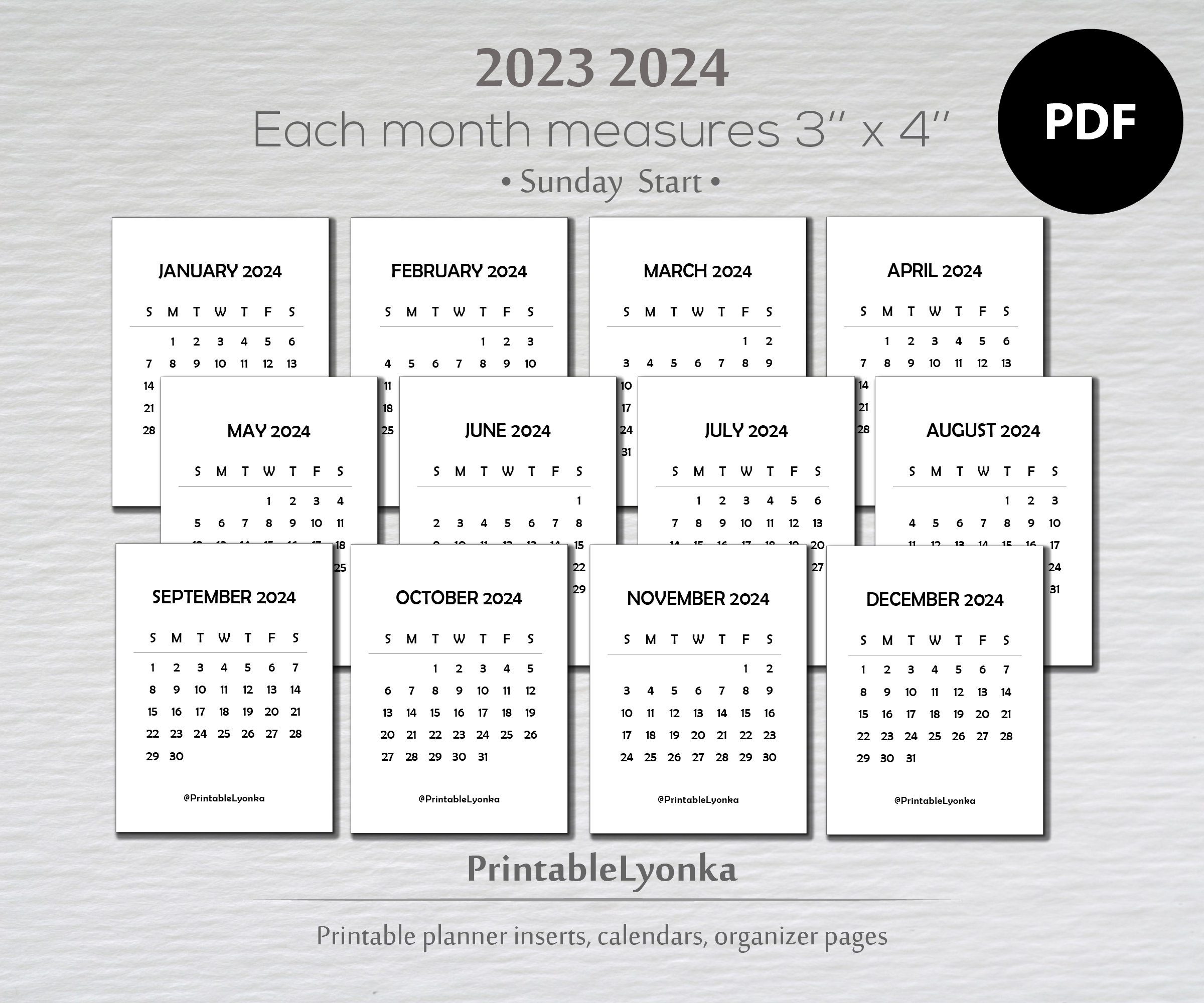 3 X 4 Mini Calendars 2023 2024 Printable Pdf - Etsy Ireland | 2024 Calendar Printable Small