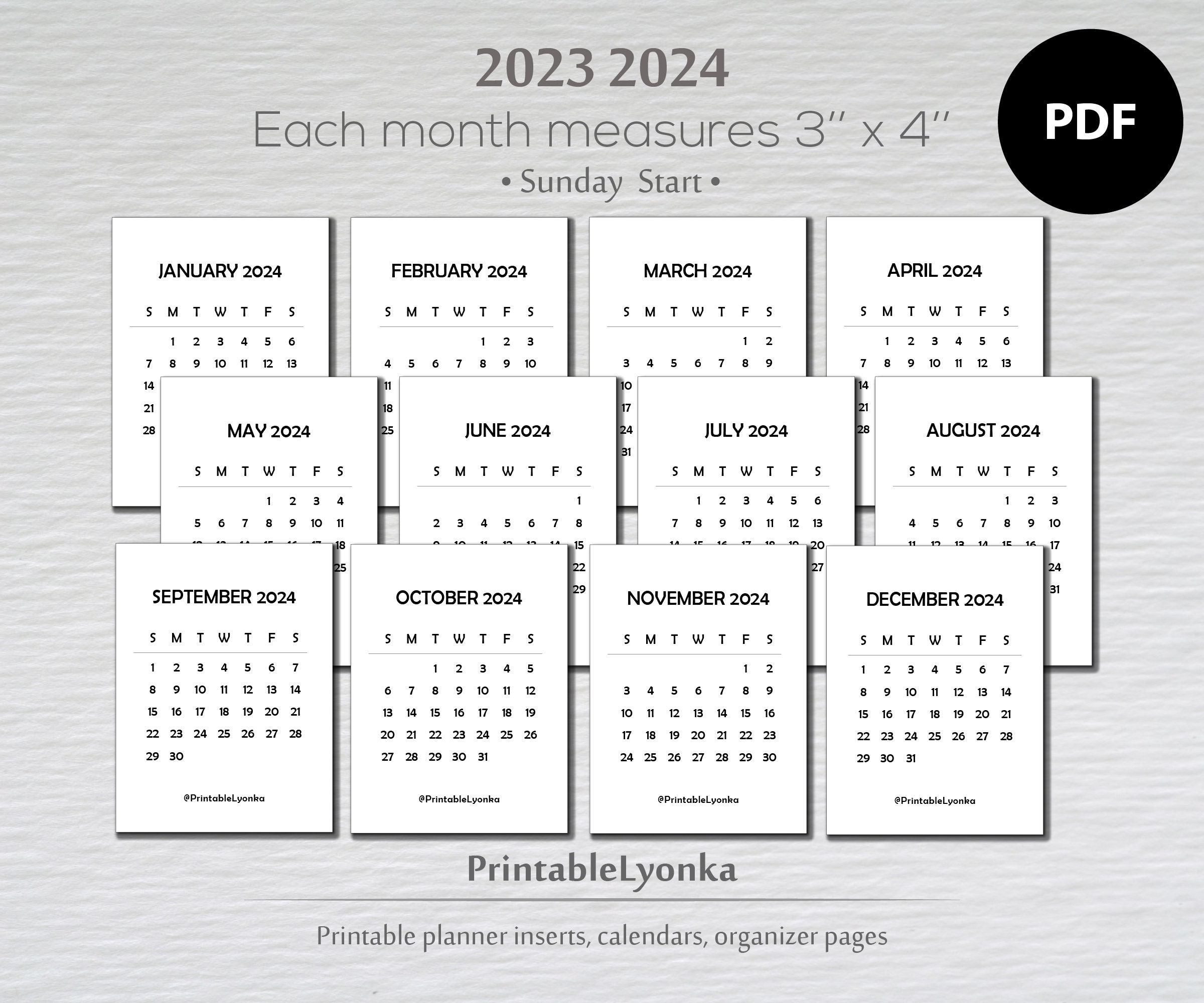 3 X 4 Mini Calendars 2023 2024 Printable Pdf - Etsy | Small Printable Calendar 2024