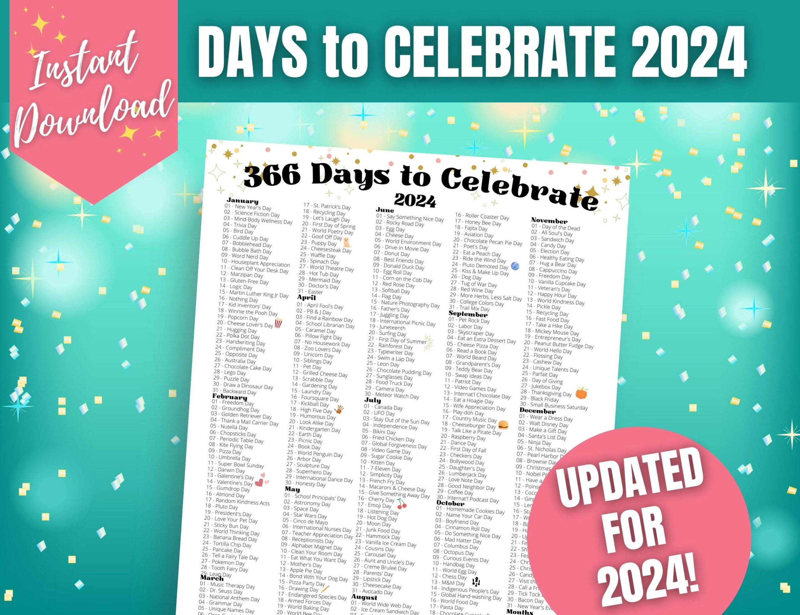 366 Days To Celebrate 2024 National Fun Days Calendar Social - Etsy | National Day Calendar 2024 Printable