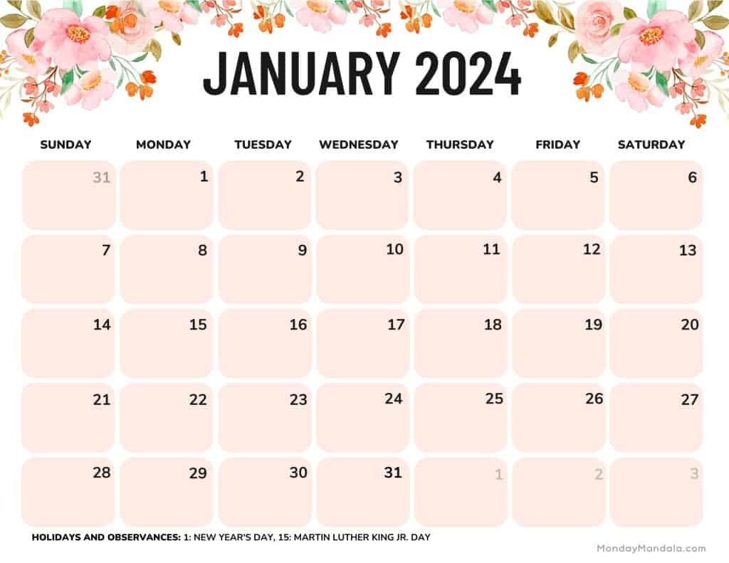 52 January 2024 Calendars (Free Pdf Printables) | January 2024 Calendar Printable Monday Start