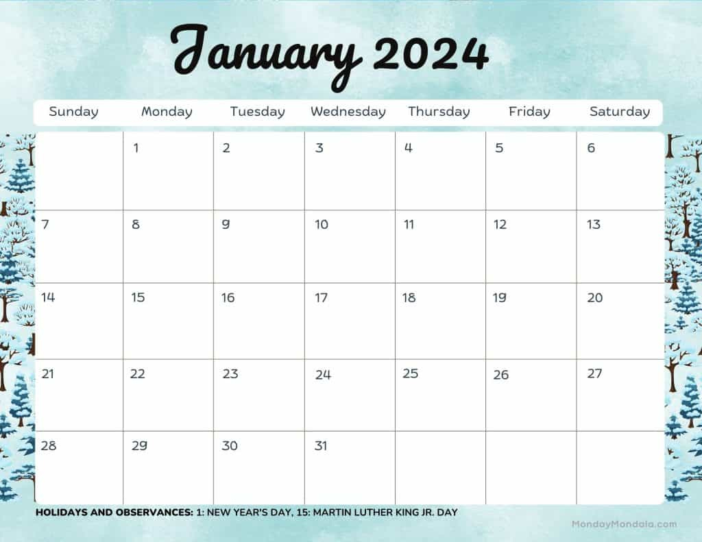 52 January 2024 Calendars (Free Pdf Printables) | January 2024 Calendar Printable With Holidays