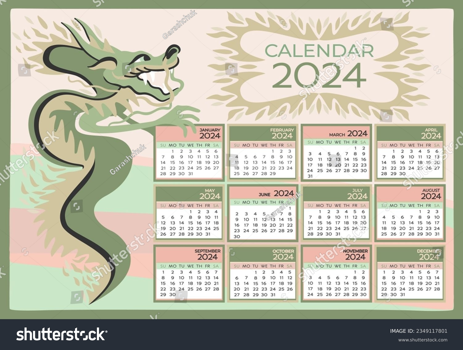 A4 Calendar 2024 Chinese Year Green Stock Vector (Royalty Free | Printable Chinese Calendar 2024