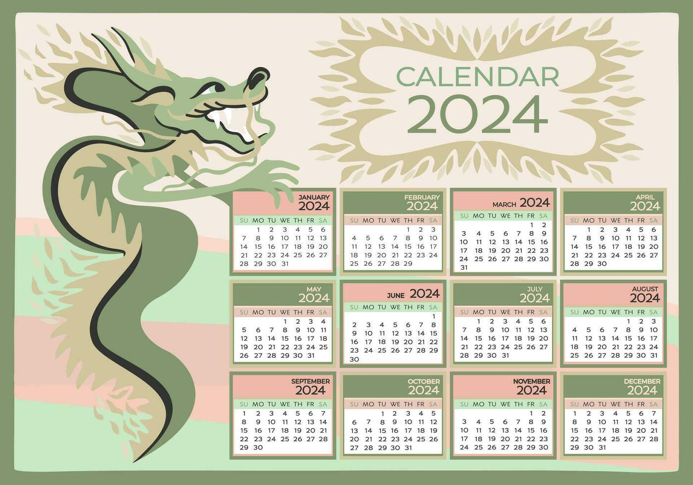 A4 Calendar 2024. Chinese Year Of Green Wooden Dragon. Week Starts | 2024 Year Chinese Calendar