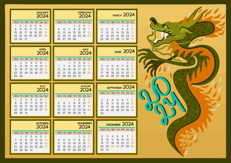 A4 Calendar 2024. Chinese Year Of Green Wooden Dragon. Week Starts | 2024 Year Chinese Calendar