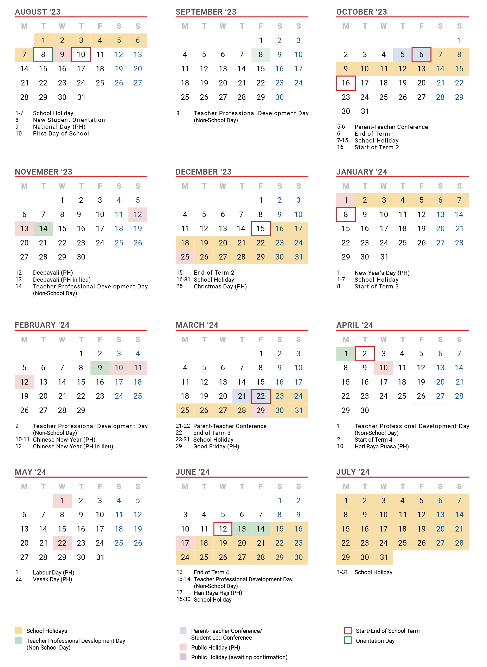 Academic Calendar | Xcl World Academy (Singapore) | Year 2024 Calendar Singapore