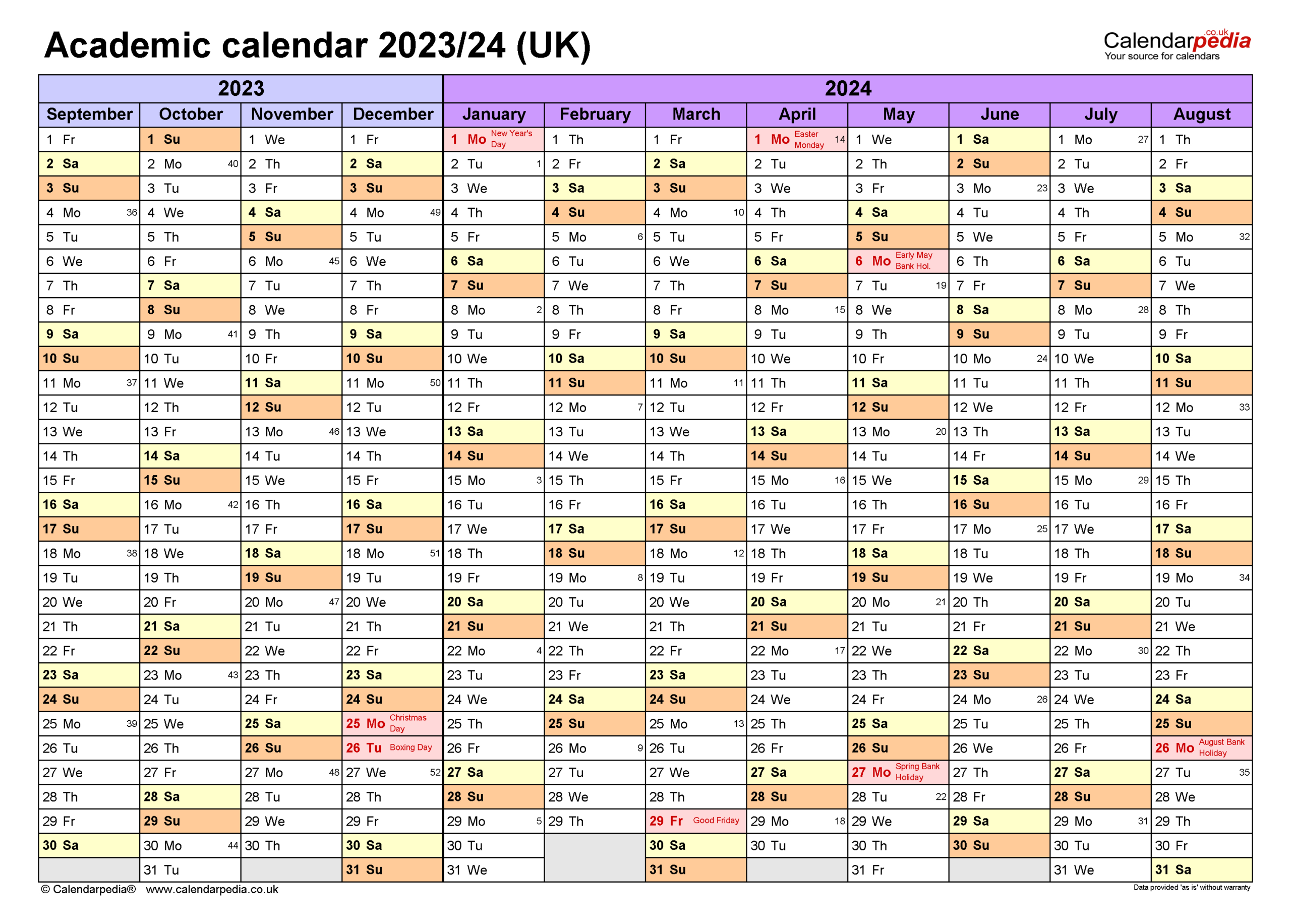 Academic Calendars 2023/24 Uk - Free Printable Excel Templates | 2023 Calendar 2024 Printable Excel