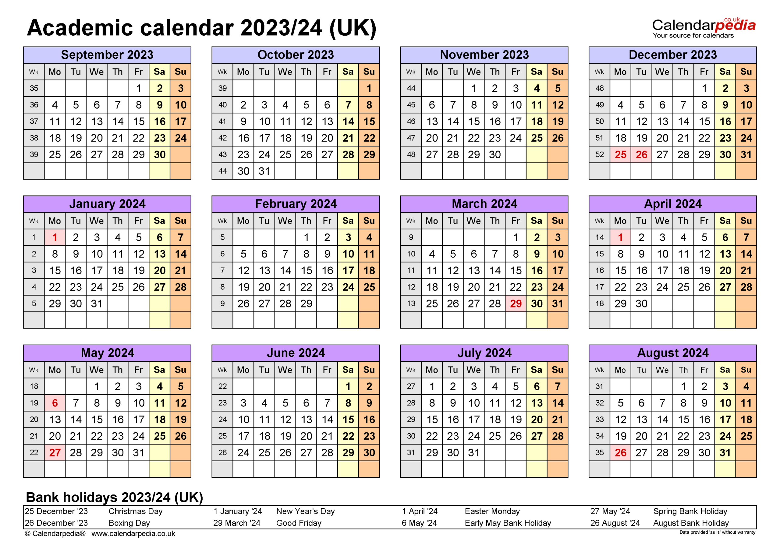 Academic Calendars 2023/24 Uk - Free Printable Pdf Templates | 2023 Calendar 2024 Printable Uk