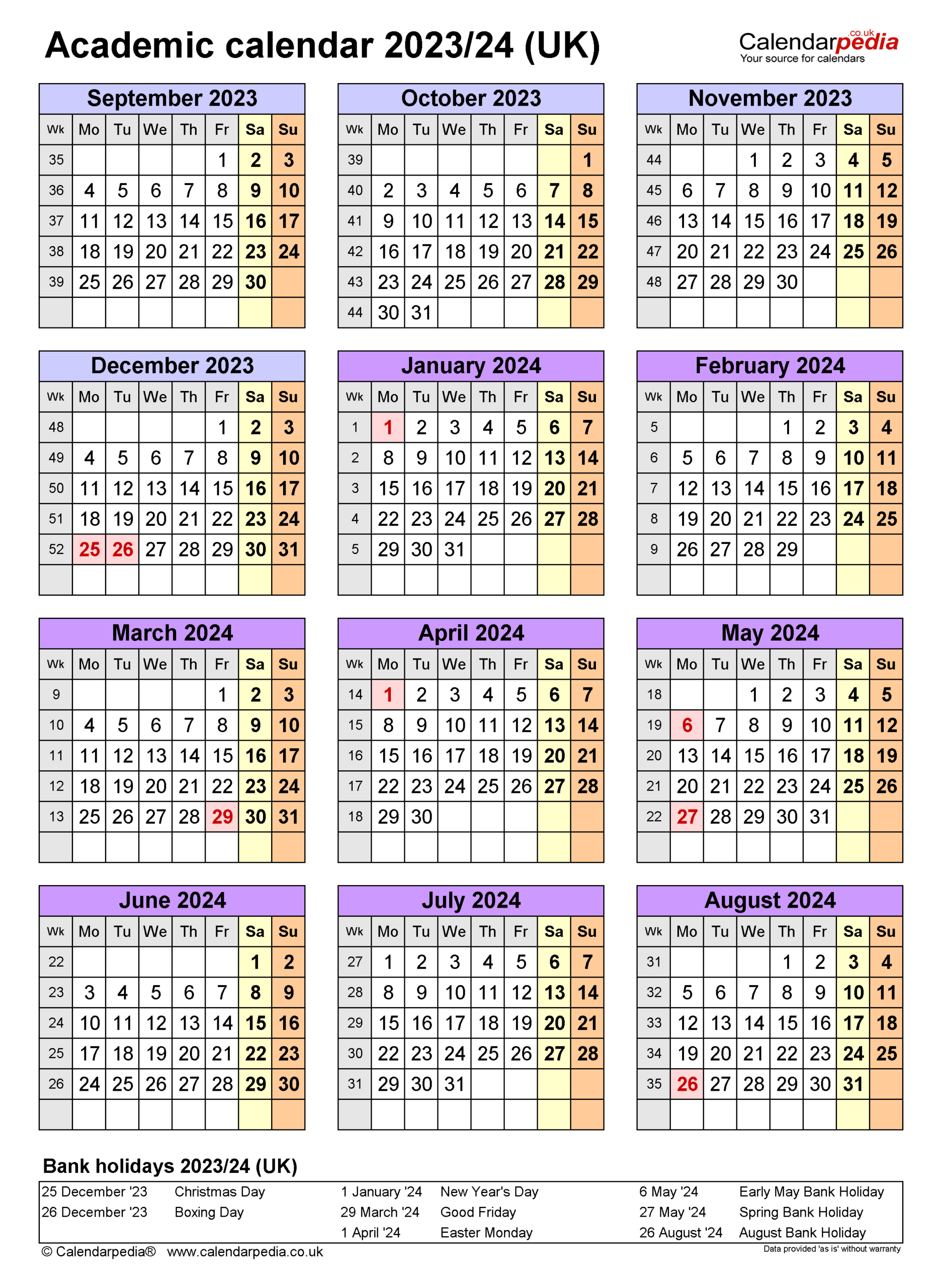 Academic Calendars 2023/24 Uk - Free Printable Word Templates | 2023 Calendar 2024 Printable UK