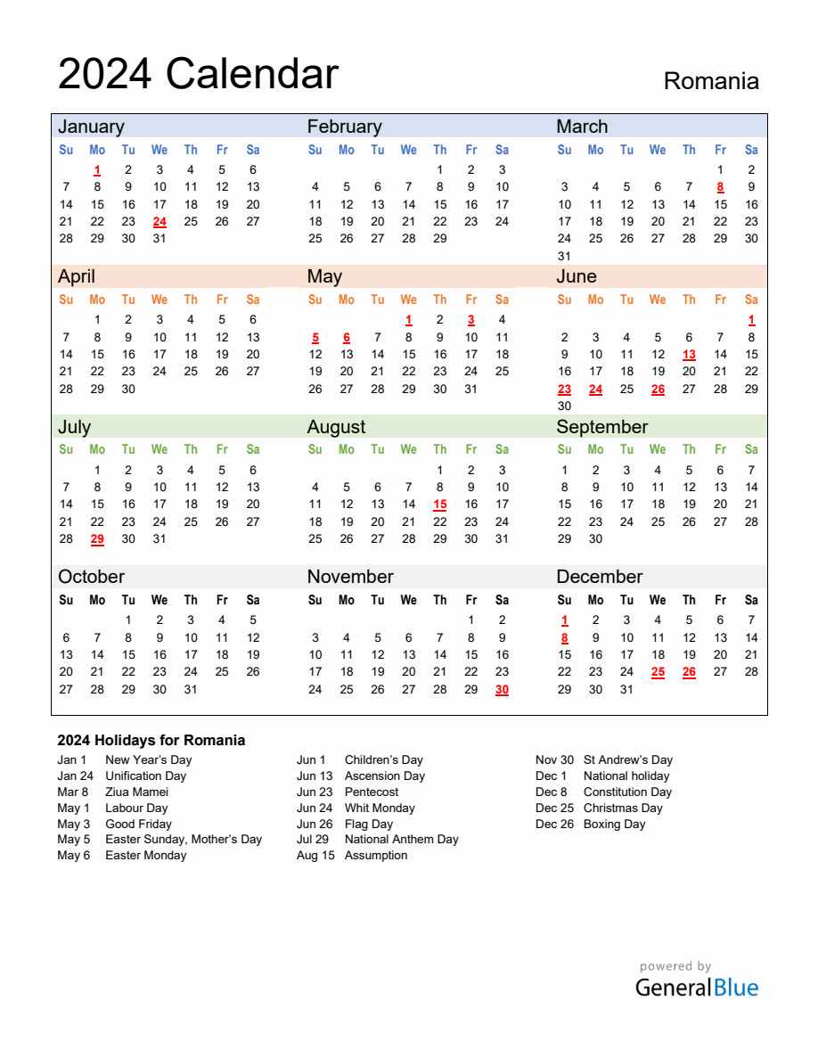 Annual Calendar 2024 With Romania Holidays | Calendar 2024 Romanesc Printable