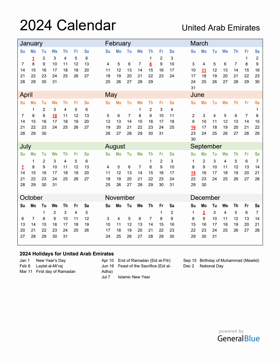 Annual Calendar 2024 With United Arab Emirates Holidays | Printable Calendar 2024 UAE