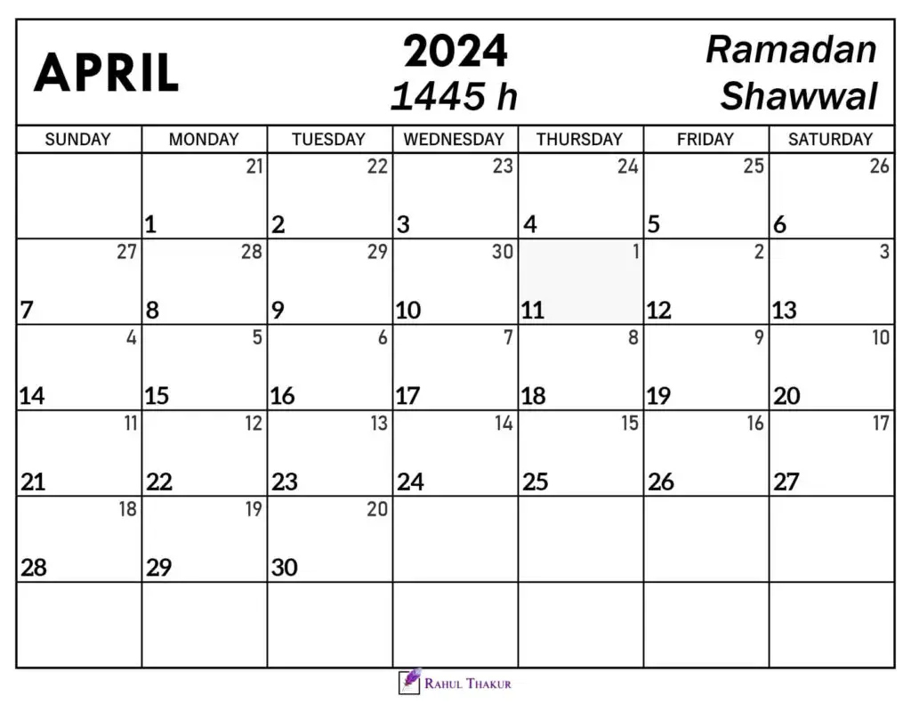 April 2024 Calendar With Hijri Dates - Thakur Writes | Printable Calendar 2024 Saudi Arabia