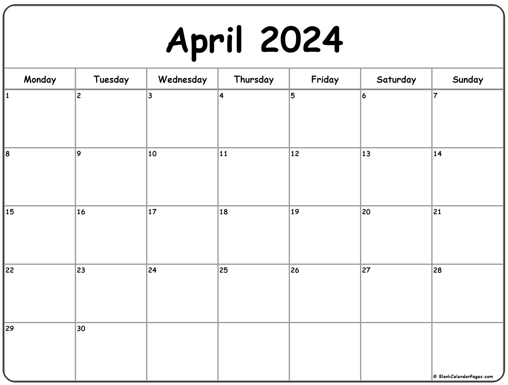 April 2024 Monday Calendar | Monday To Sunday | 2024 Calendar Printable Start Monday