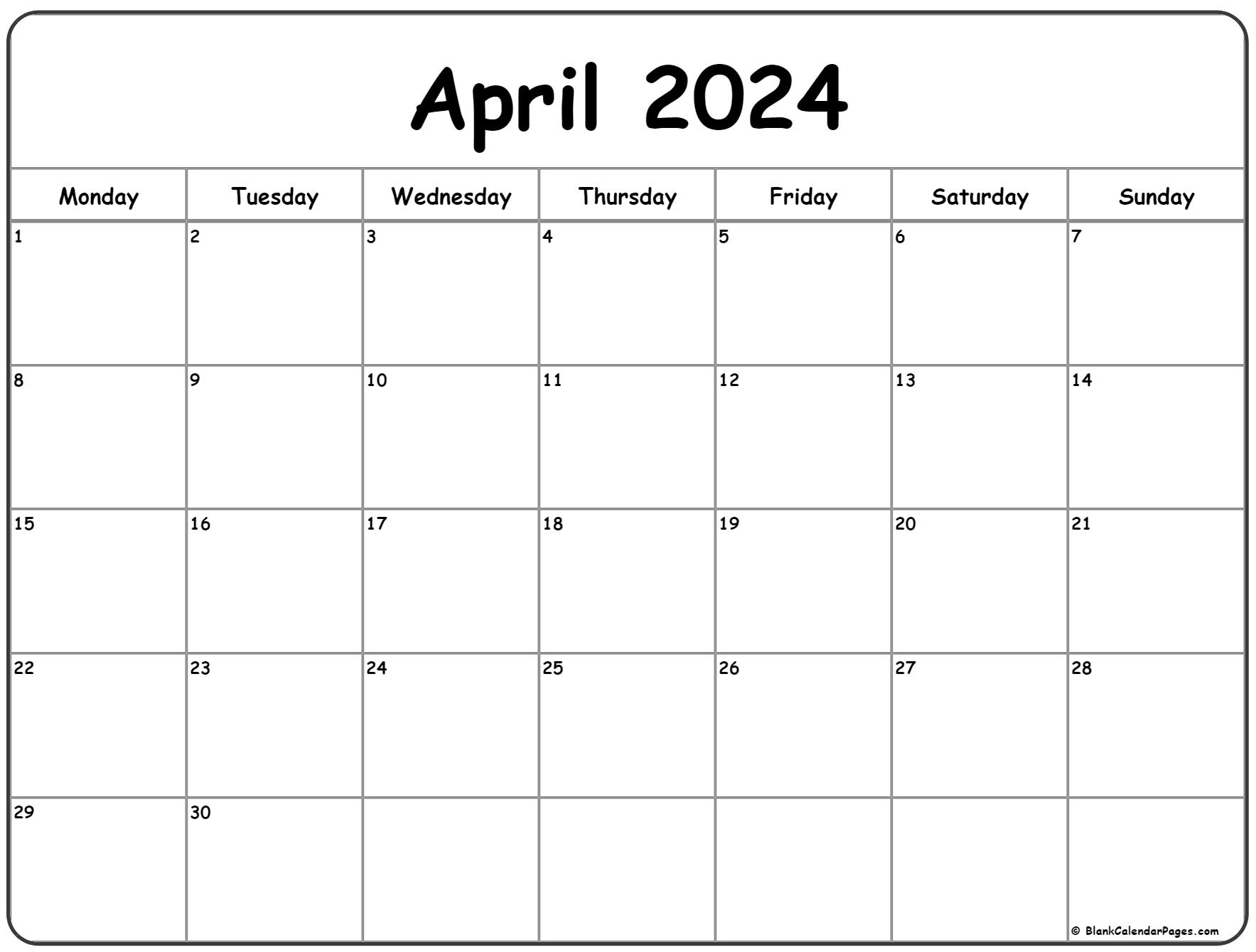 April 2024 Monday Calendar | Monday To Sunday | Printable Calendar 2024 April