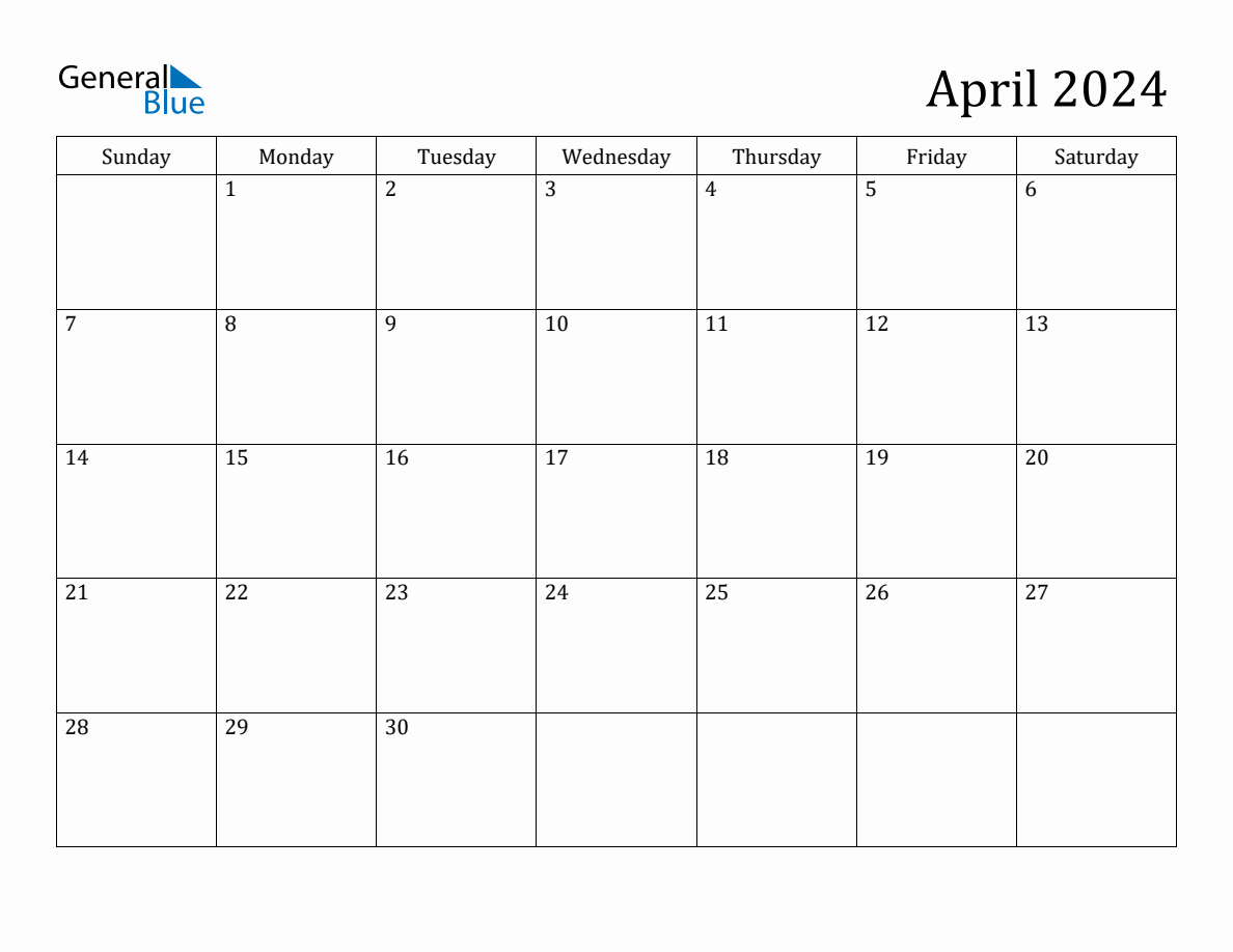 April 2024 Monthly Calendar | Calendar 2024 Printable General Blue