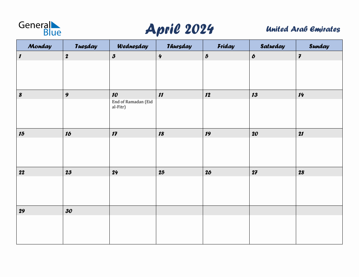 April 2024 Monthly Calendar Template With Holidays For United Arab | Calendar 2024 Printable General Blue