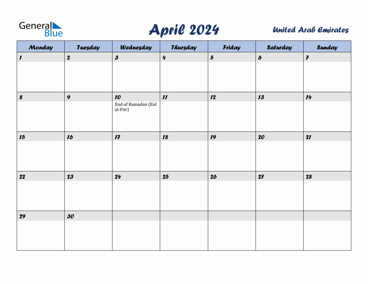 April 2024 Monthly Calendar Template With Holidays For United Arab | General Blue 2024 Printable Calendar