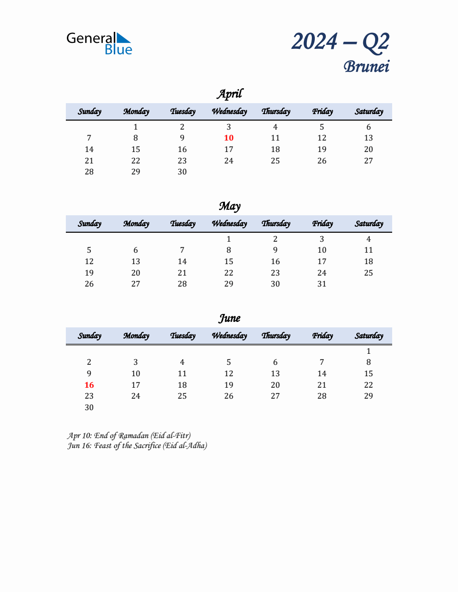 April, May, And June Calendar For Brunei With Sunday Start | Printable Calendar 2024 Brunei