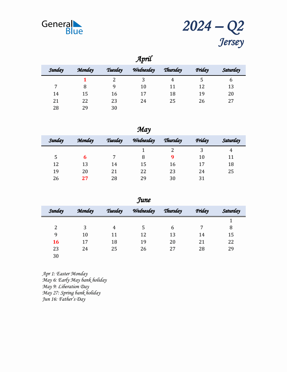 April, May, And June Calendar For Jersey With Sunday Start | Calendar 2024 Printable General Blue