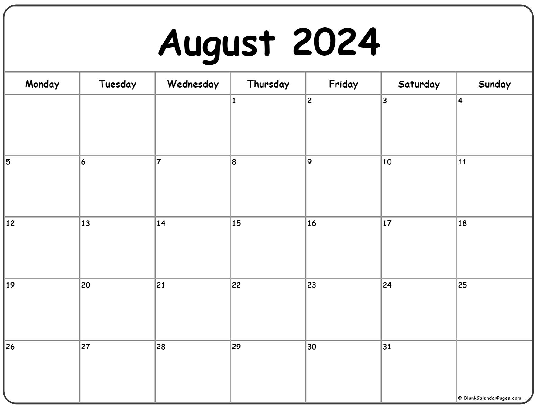 August 2024 Monday Calendar | Monday To Sunday | Printable Calendar 2024 August