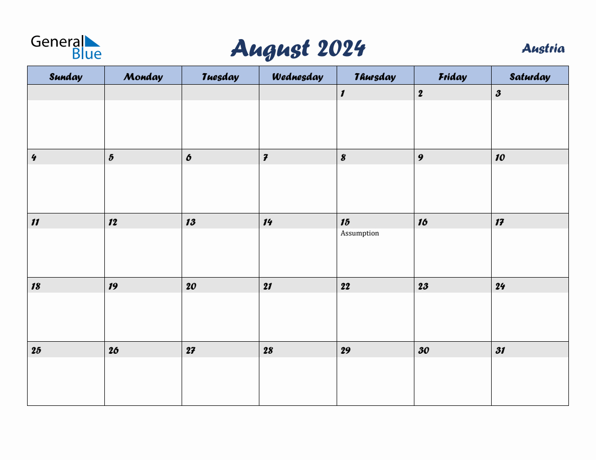 August 2024 Monthly Calendar Template With Holidays For Austria | Printable Calendar 2024 General Blue