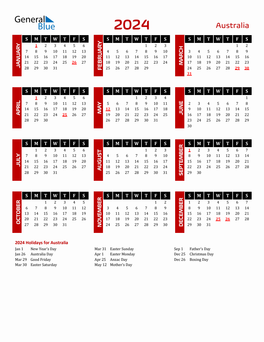 Australia 2024 Yearly Calendar Downloadable | 2024 Calendar Printable With Holidays Australia