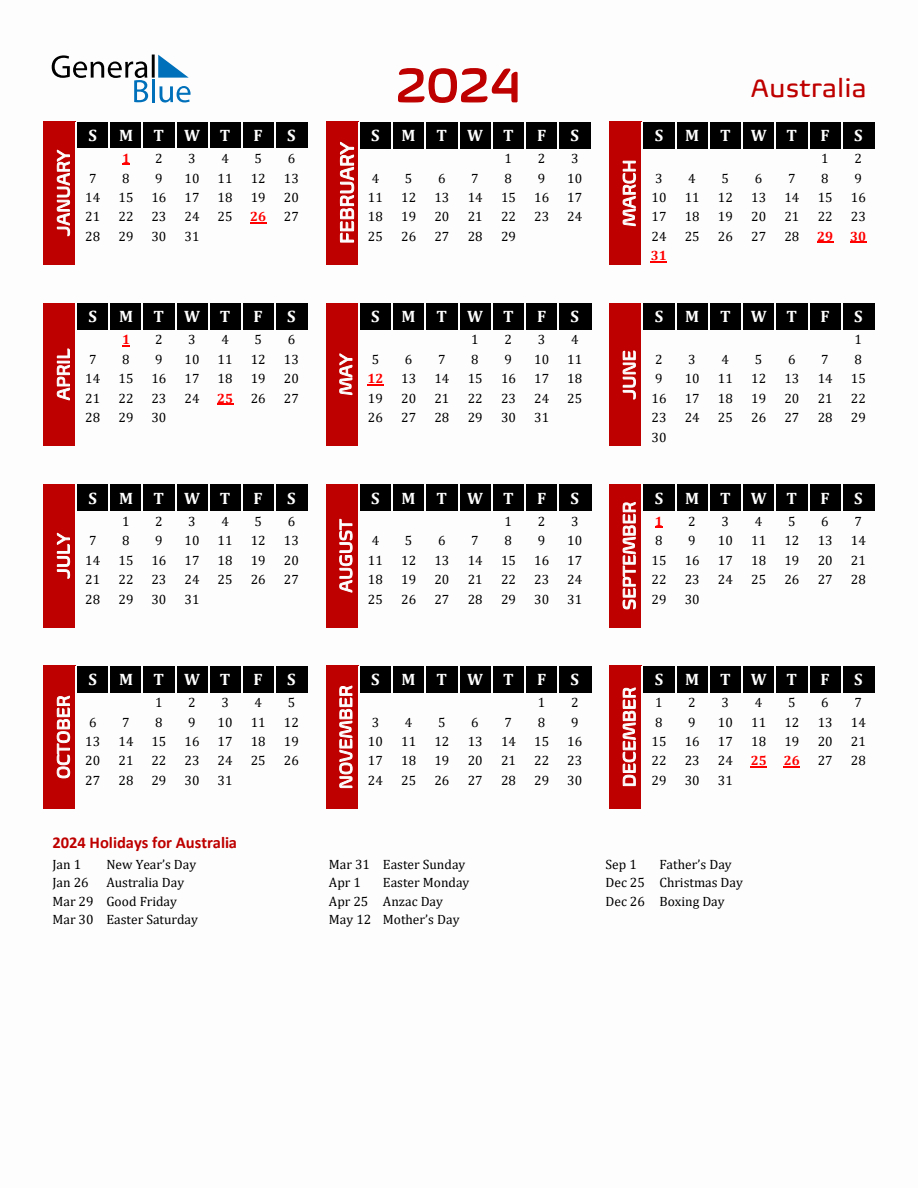 Australia 2024 Yearly Calendar Downloadable | Yearly Calendar 2024 Australia Printable