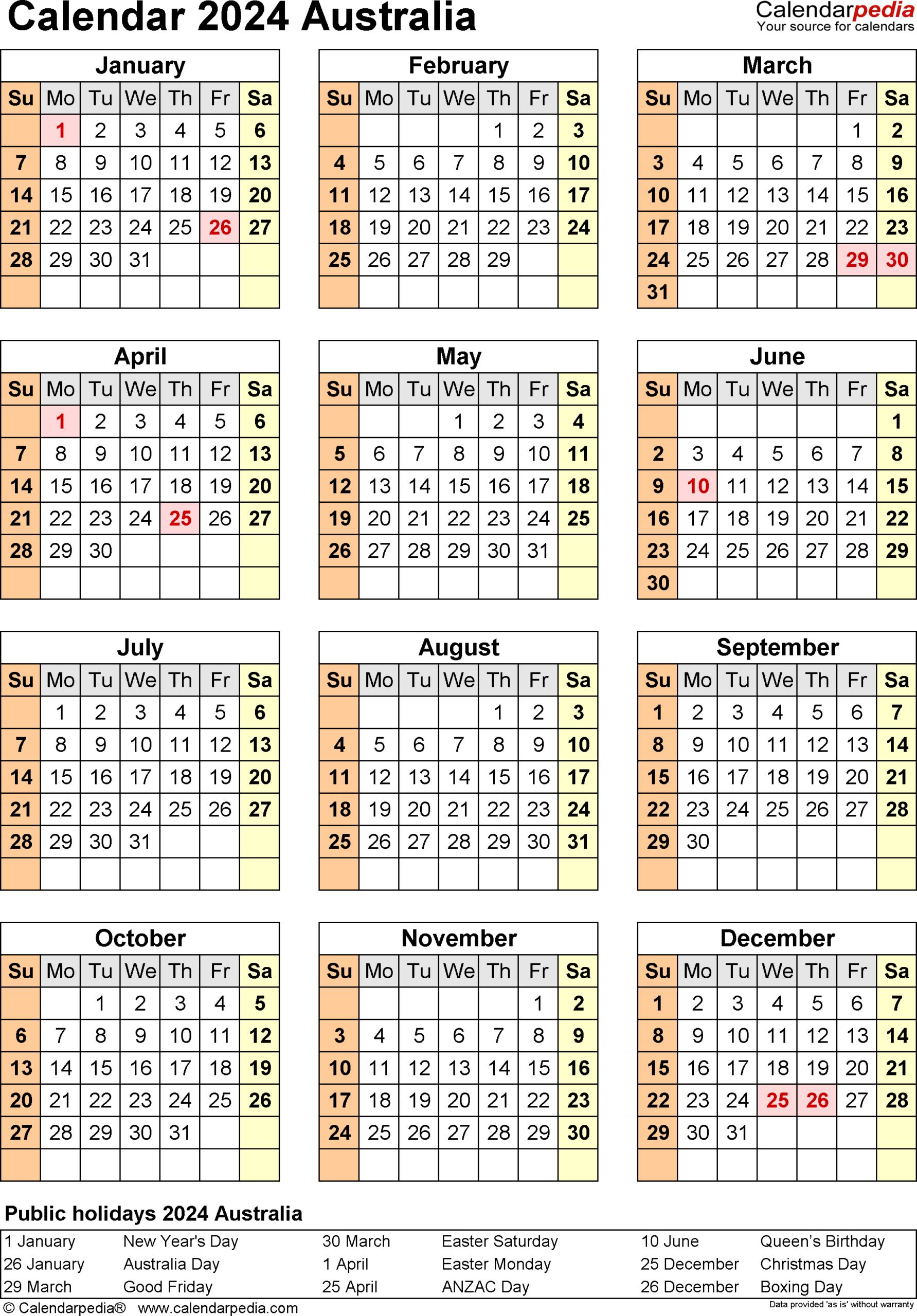 Australia Calendar 2024 - Free Printable Excel Templates | 2024 Calendar Printable With Holidays Australia