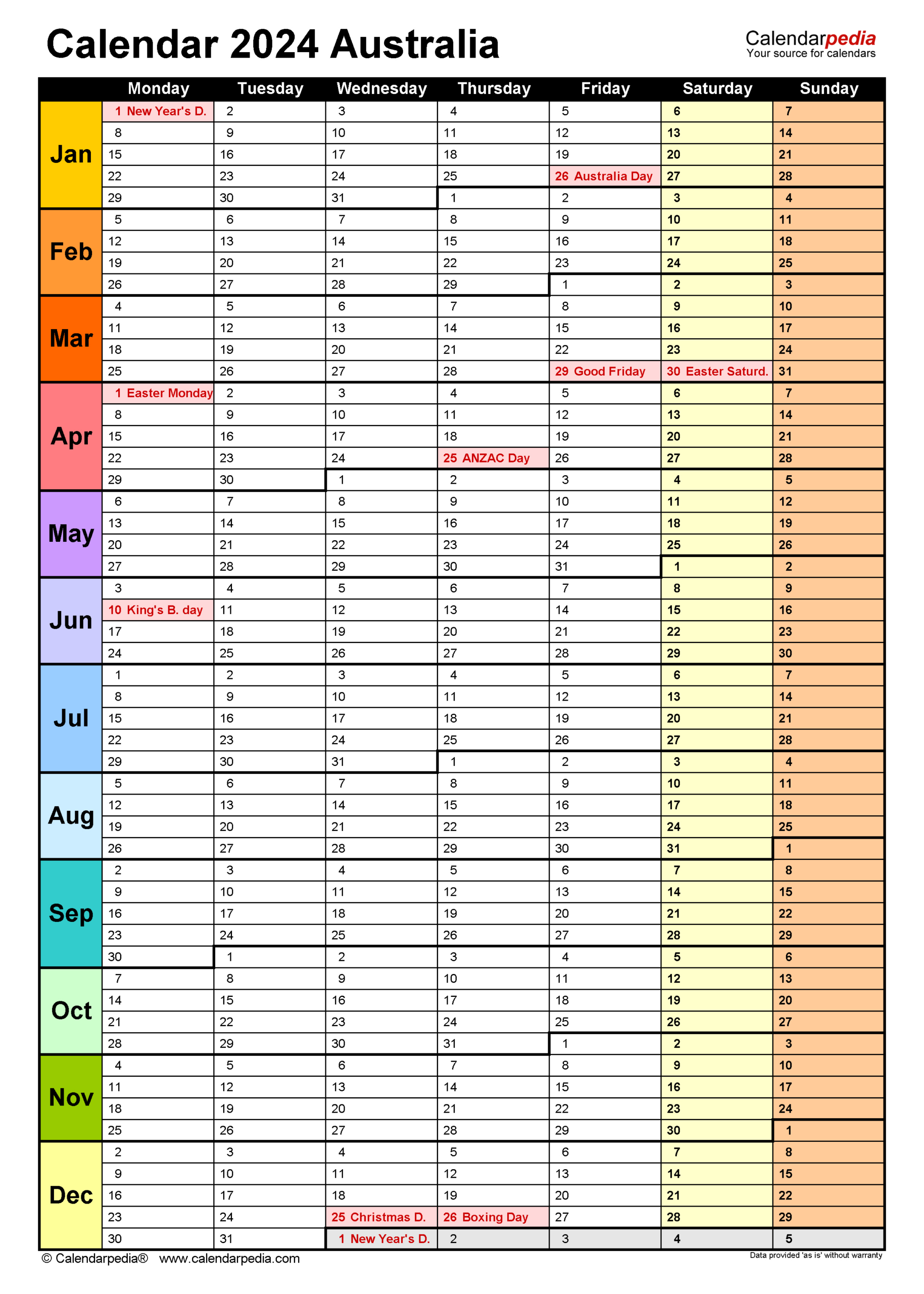 Australia Calendar 2024 - Free Printable Excel Templates | 2024 Yearly Calendar Australia