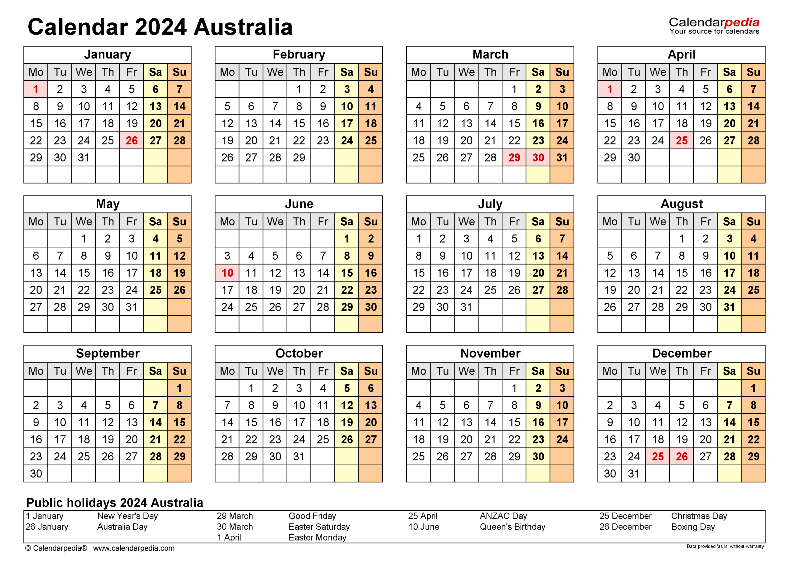 2024 Calendar Printable With Holidays Australia | Printable Calendar 2024