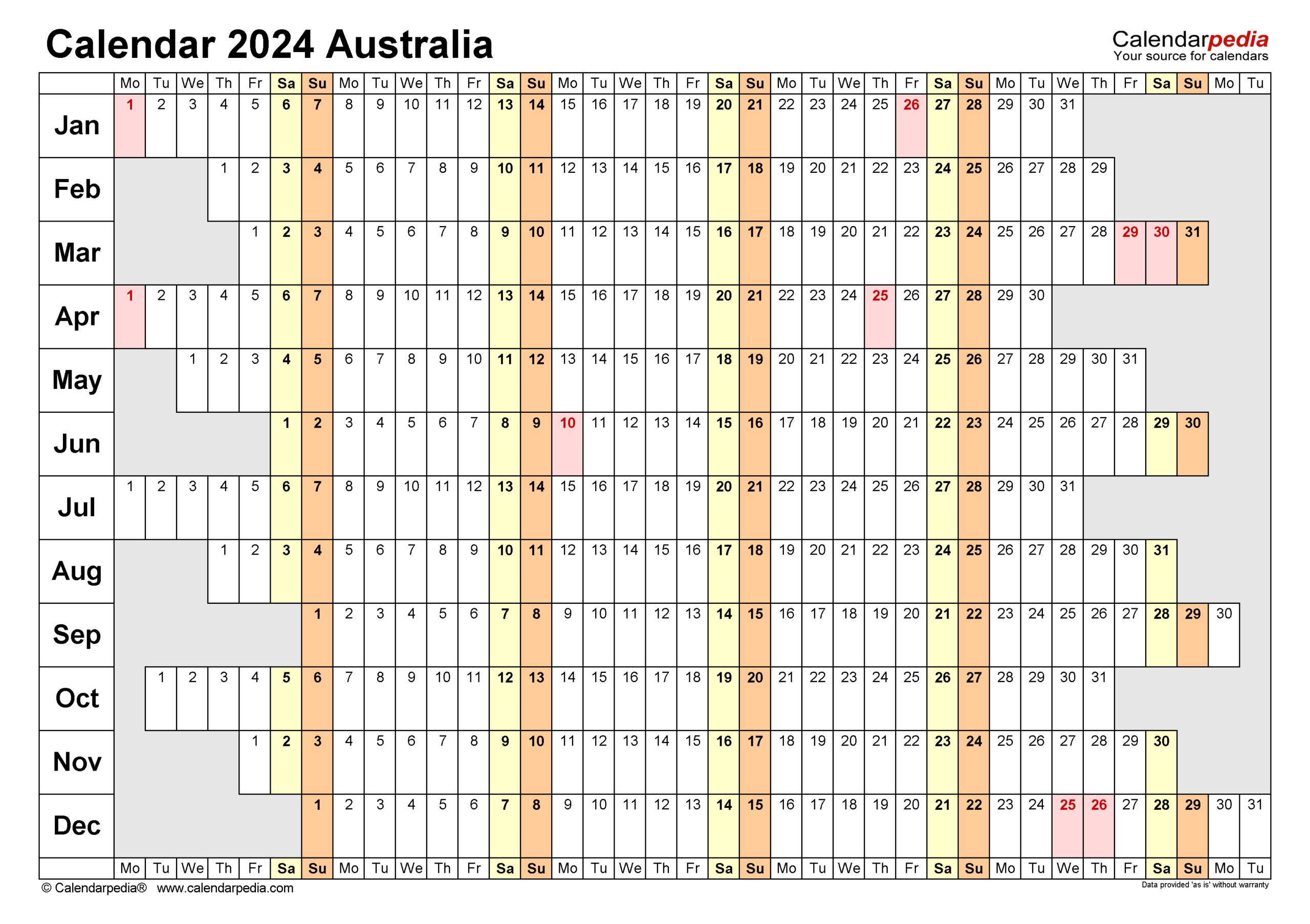 Australia Calendar 2024 - Free Printable Word Templates | 2024 Yearly Calendar Australia