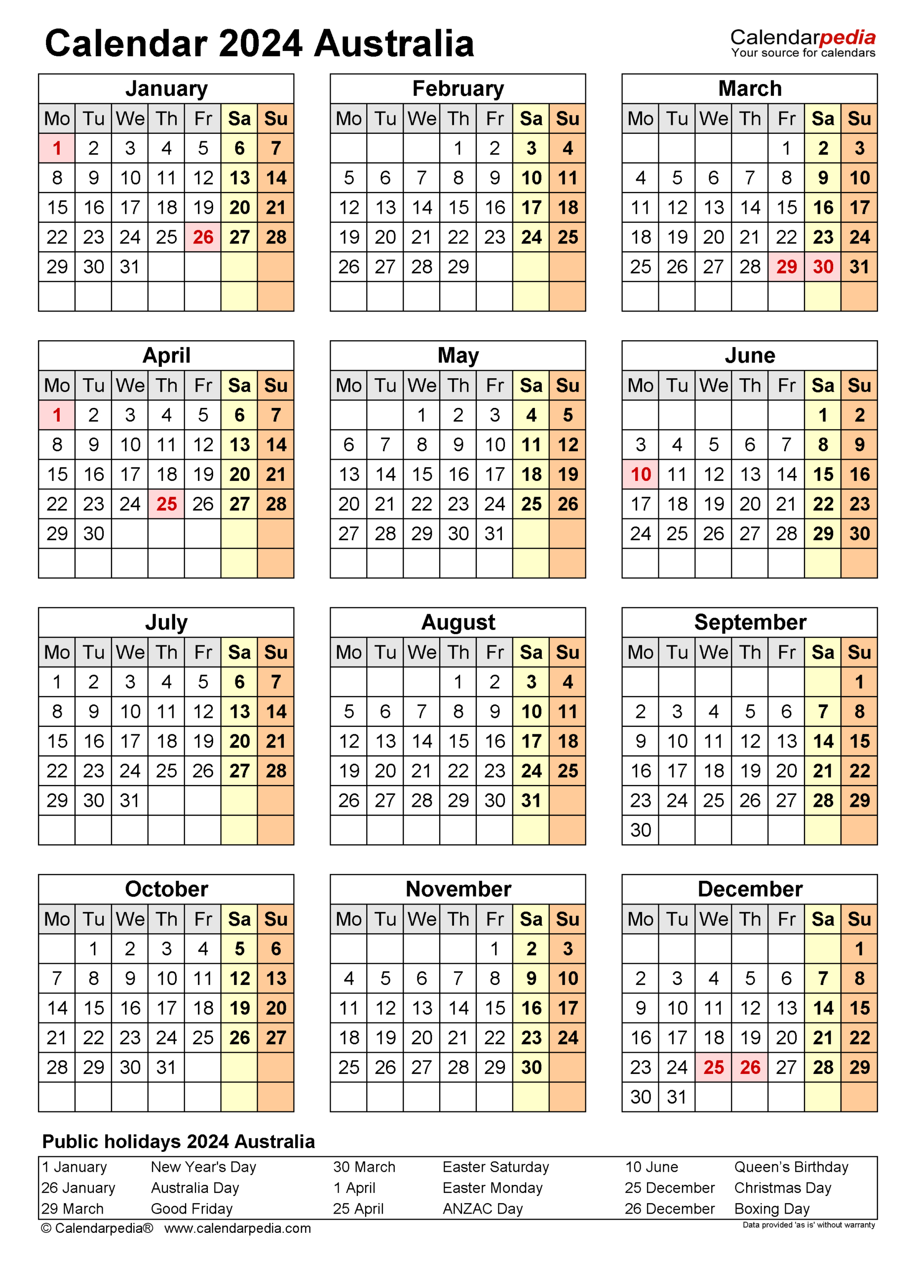 Australia Calendar 2024 - Free Printable Word Templates | Calendar 2024 Australia Printable Pdf