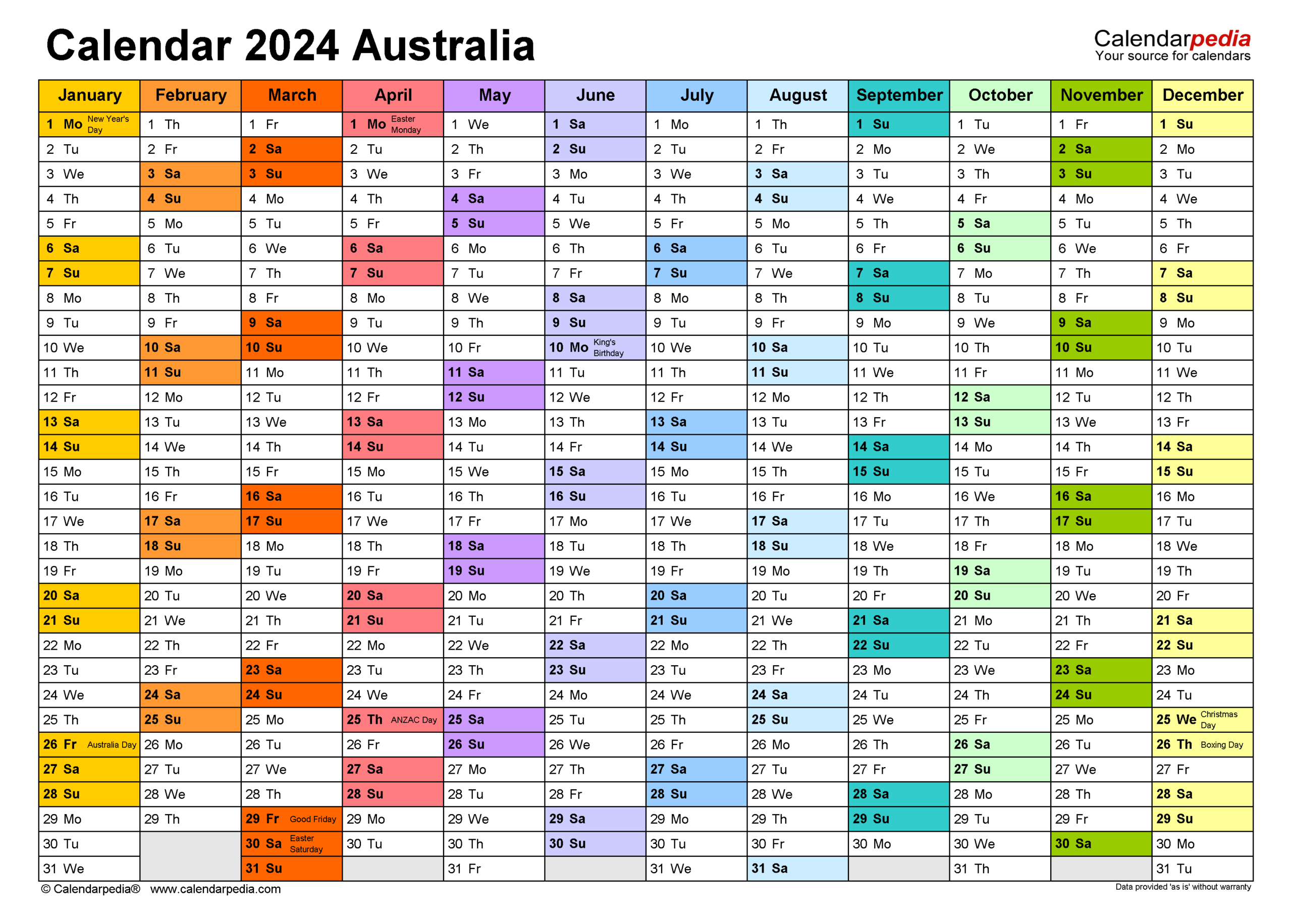 Australia Calendar 2024 - Free Printable Word Templates | Free Printable Calendar 2024 Australia