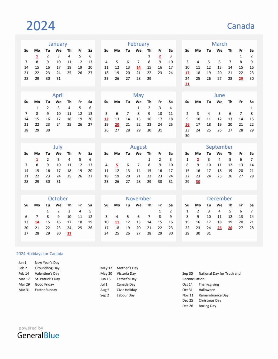 Basic Yearly Calendar With Holidays In Canada For 2024 | 2024 Calendar Canada Printable With Holidays