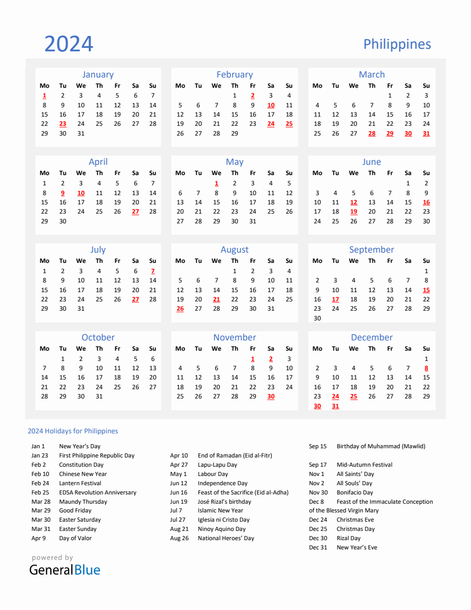 Basic Yearly Calendar With Holidays In Philippines For 2024 | Calendar 2024 Printable With Holidays Philippines