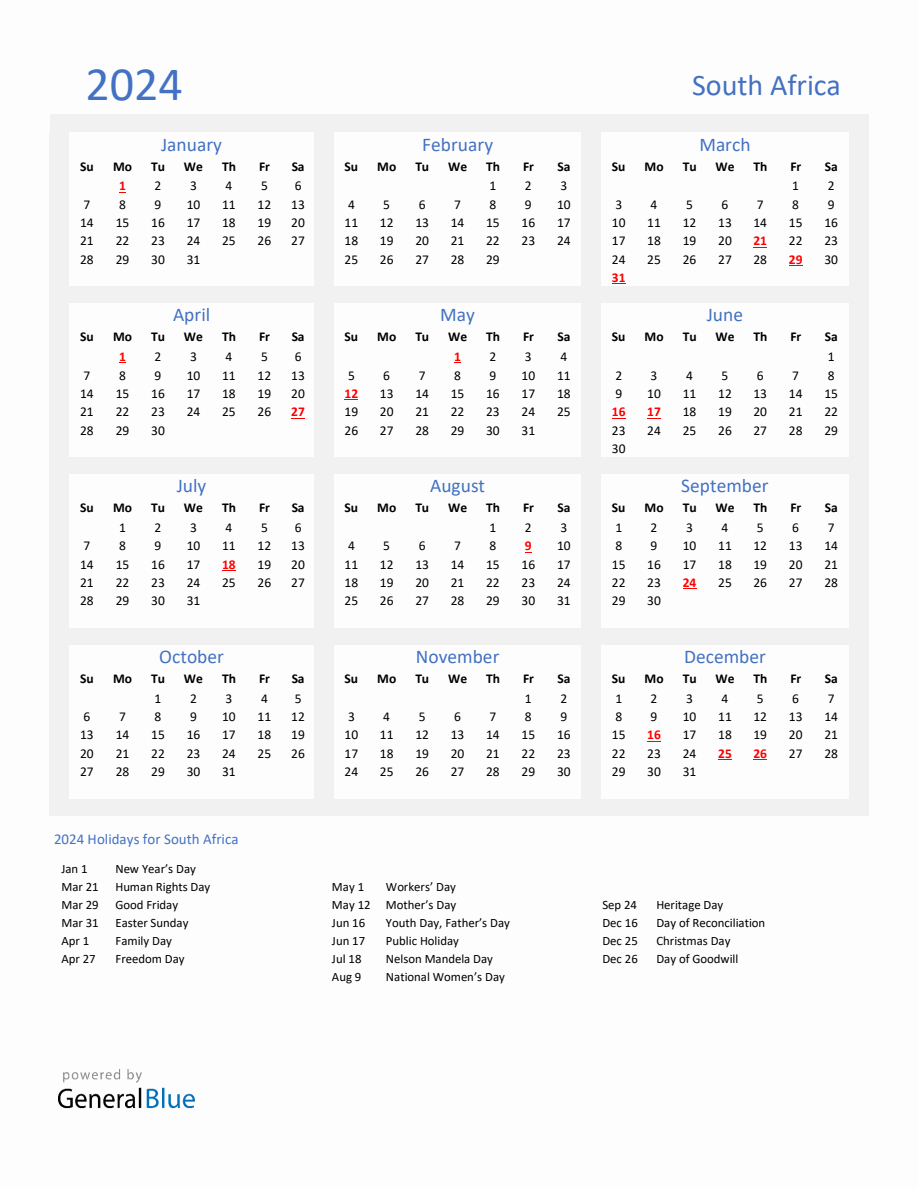 Basic Yearly Calendar With Holidays In South Africa For 2024 | Calendar 2024 Printable South Africa