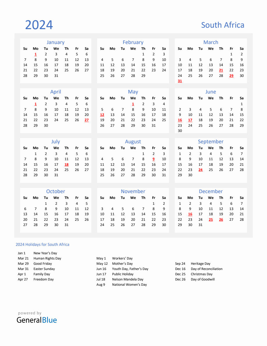 Basic Yearly Calendar With Holidays In South Africa For 2024 | Free Printable Calendar 2024 South Africa