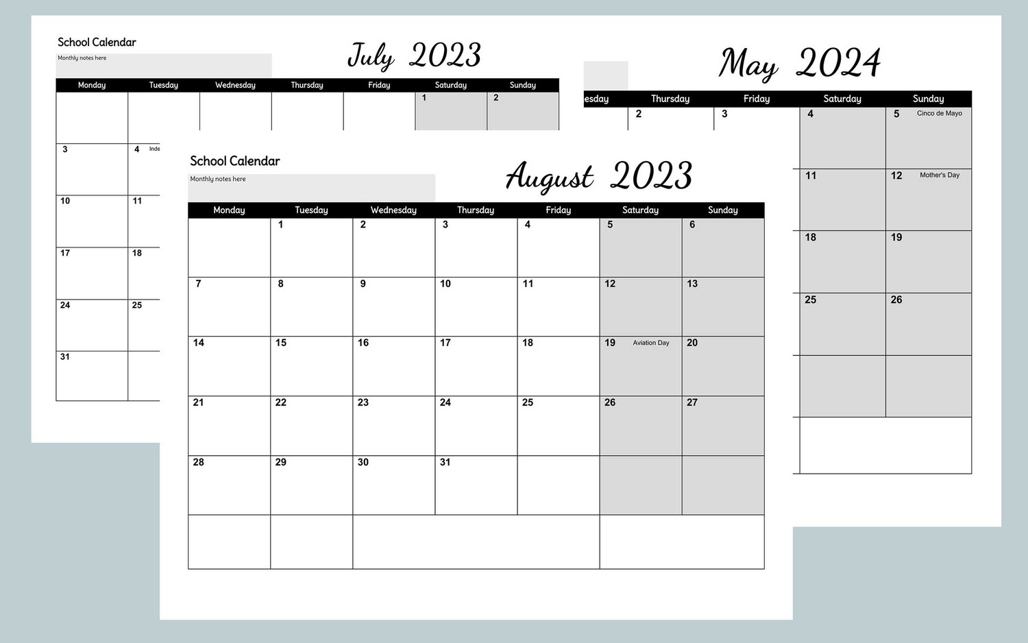 Black And White Printable School Calendar 2023-2024 Google Docs | Calendar Template 2024 Google Docs